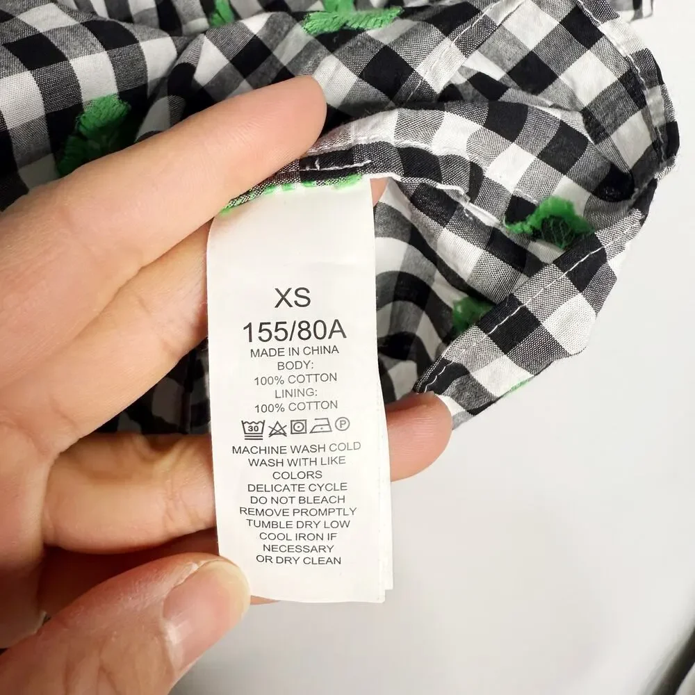 Kate Spade XS Black White Green Gingham Voile Blouse Puff Sleeves Square Neck
